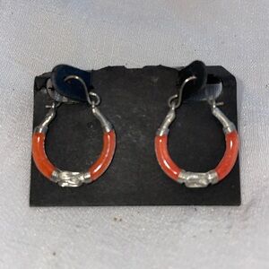 Vintage Sterling Silver orange enamel embossed western linear 1/2 hoop wires